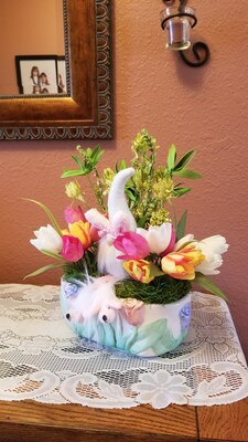 Easter table centerpiece with bunny gnome, Easter dining table decor, spring flower arrangement in tulip ceramic vase, bunny gnome decor - image2